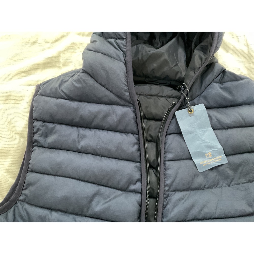 Scotch & Soda Mens Hooded Puffer Vest Navy Blue Full Zip Quilted 132159 Size M